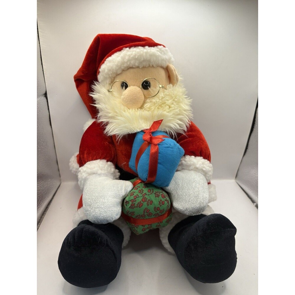 Fiesta Sitting Santa Plush Holding Gifts Wearing Glasses Stuffed Doll 11.5"